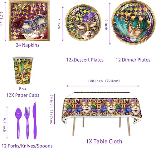 Miniatura 2 de Juego de 97 piezas de vajilla desechable para fiesta de baile de Mardi Gras para 12 personas, incluye platos de papel, tazas, servilletas, cubiertos