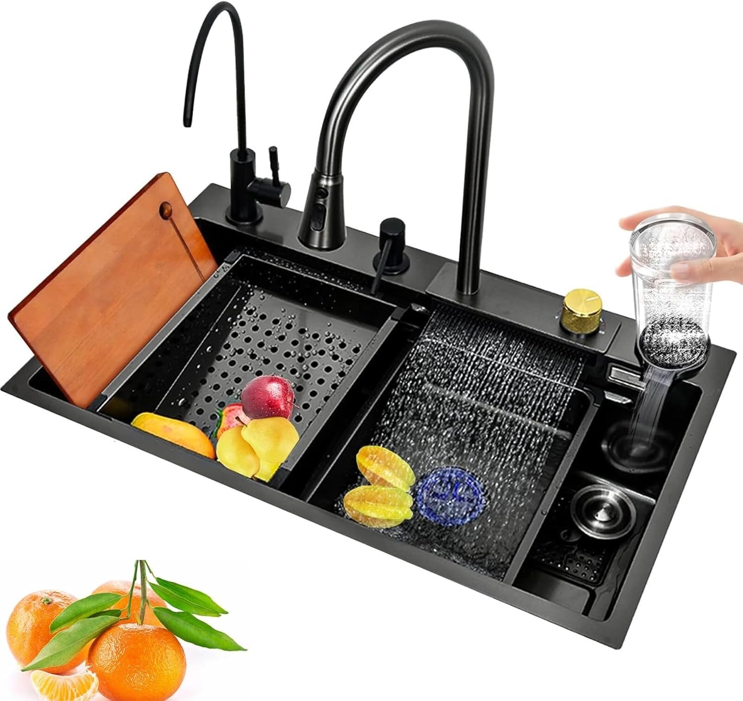 Intelligent Waterfall Kitchen Sink, 304 Stainless Steel Nanometer Sink with Versatile Faucet and Accessories for Home Use,75x45cm-One Size