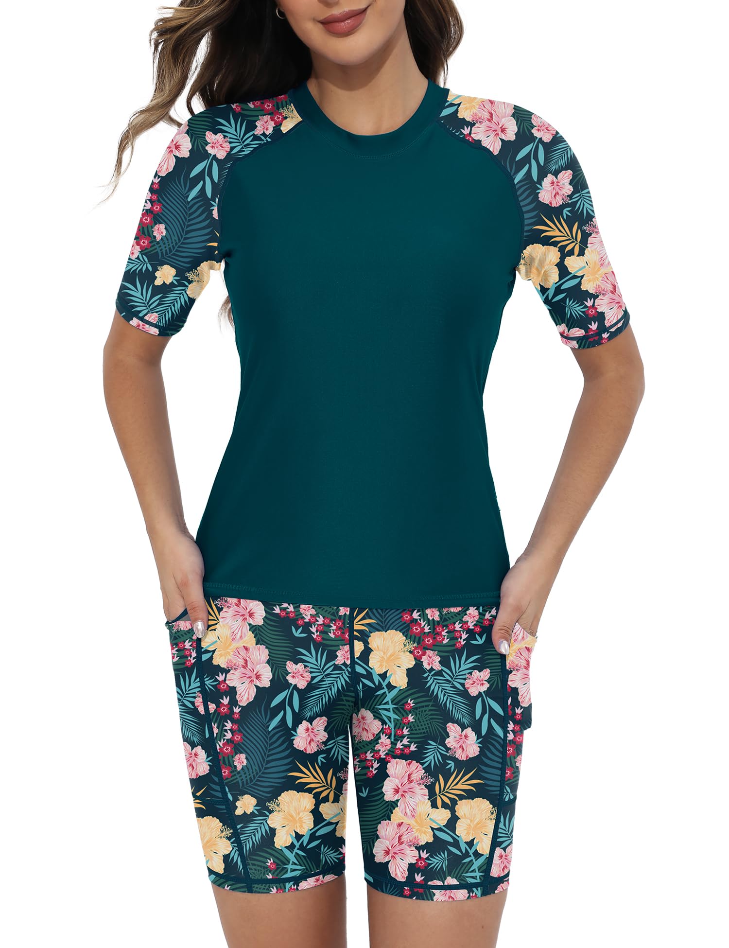 Tournesol Women's Two Piece Rash Guard Short Sleeve UPF 50+ Swim Shirts