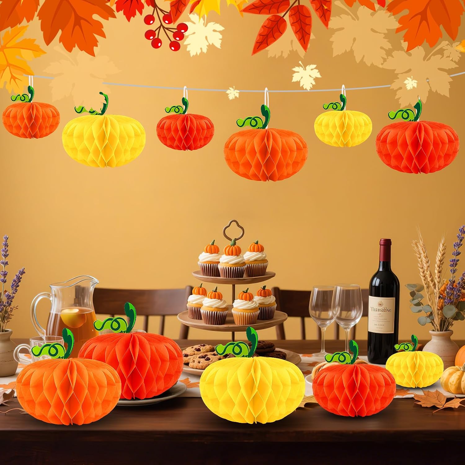 15PCS Pumpkin Honeycomb Decorations Orange Red Yellow Decor