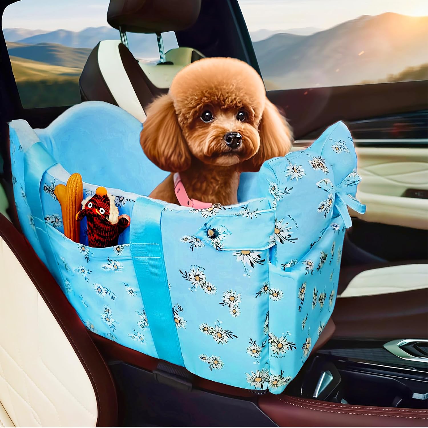 Cullaby Center Console Dog Car Seat for Compact Car-Portable Center Console Booster with Safety Belt & Soft Cushion, Anti-Collapse Armrest Pet Seat for Extra Small Dog (Blue,Fits Dogs Up to 11lbs)