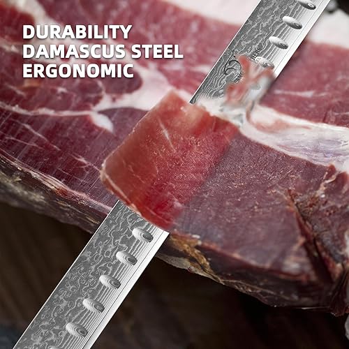 Miniatura 6 de NANFANG BROTHERS Damasco - Cuchillo para cortar pechuga con funda de cuchillo, cuchillo de tallar ultra afilado de 12 pulgadas para rebanar asados,