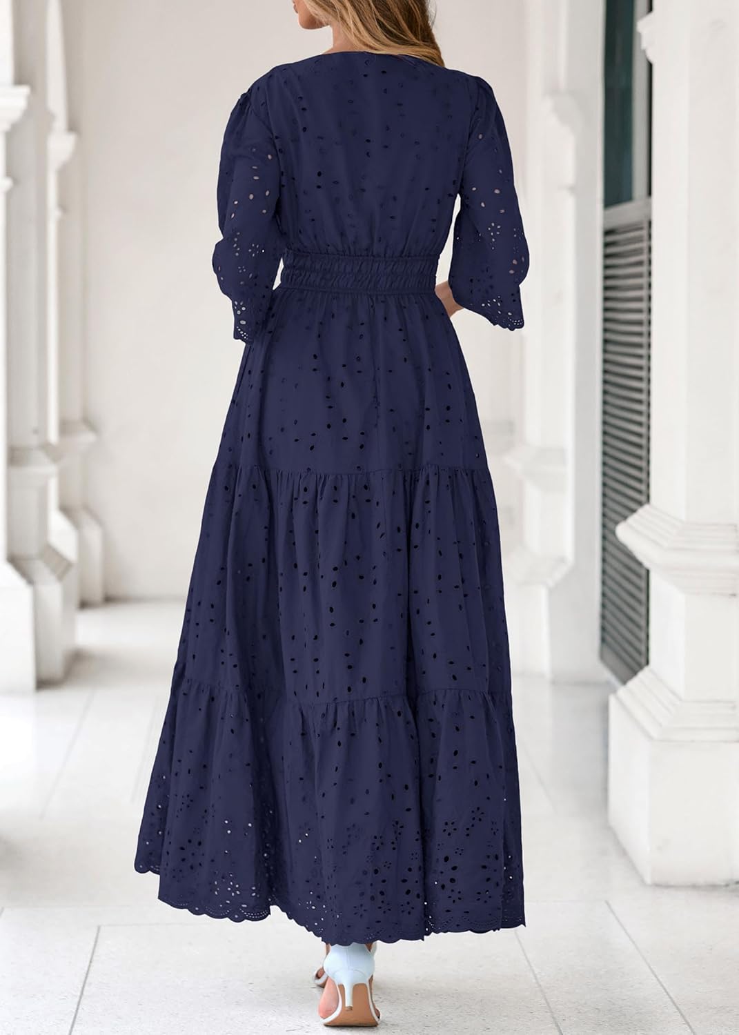 Lazysmile Long Sleeve Dresses for Women V Neck Hollow Out Eyelet Ruffle Swing A-Line Fall Vacation Boho Maxi Dress - Image 2