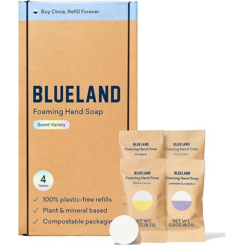BLUELAND Foaming Hand Soap Refill Tablets, 4-Pack, Variety Scents, Eco Friendly Cleaning Products, 4 x 9 Fl oz