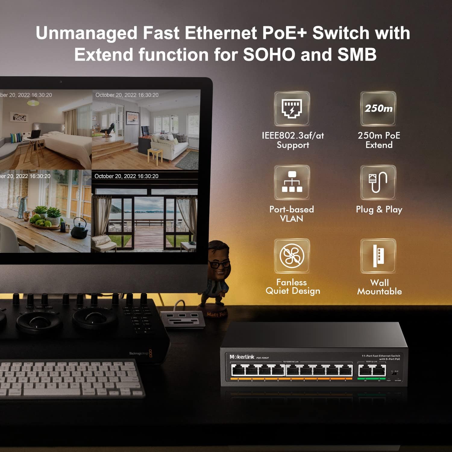 MokerLink 11 Port Switch: 9 PoE+ Ports, 2 Fast Ethernet Uplink, 10/100Mbps, 120W PoE, Fanless Plug & Play Network Switch