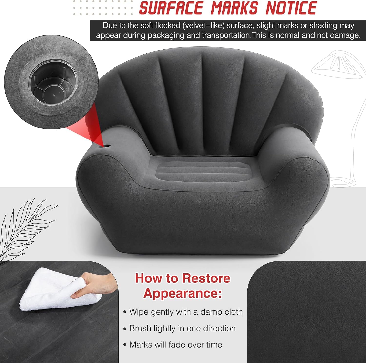 Novabright Inflatable Couch, Flocked Surface Blow up Chair, Folding Portable Flocking Inflatable Air Sofa Lazy Sofa for Living Room Learning Camping Part(Single Size,Dark Gray)