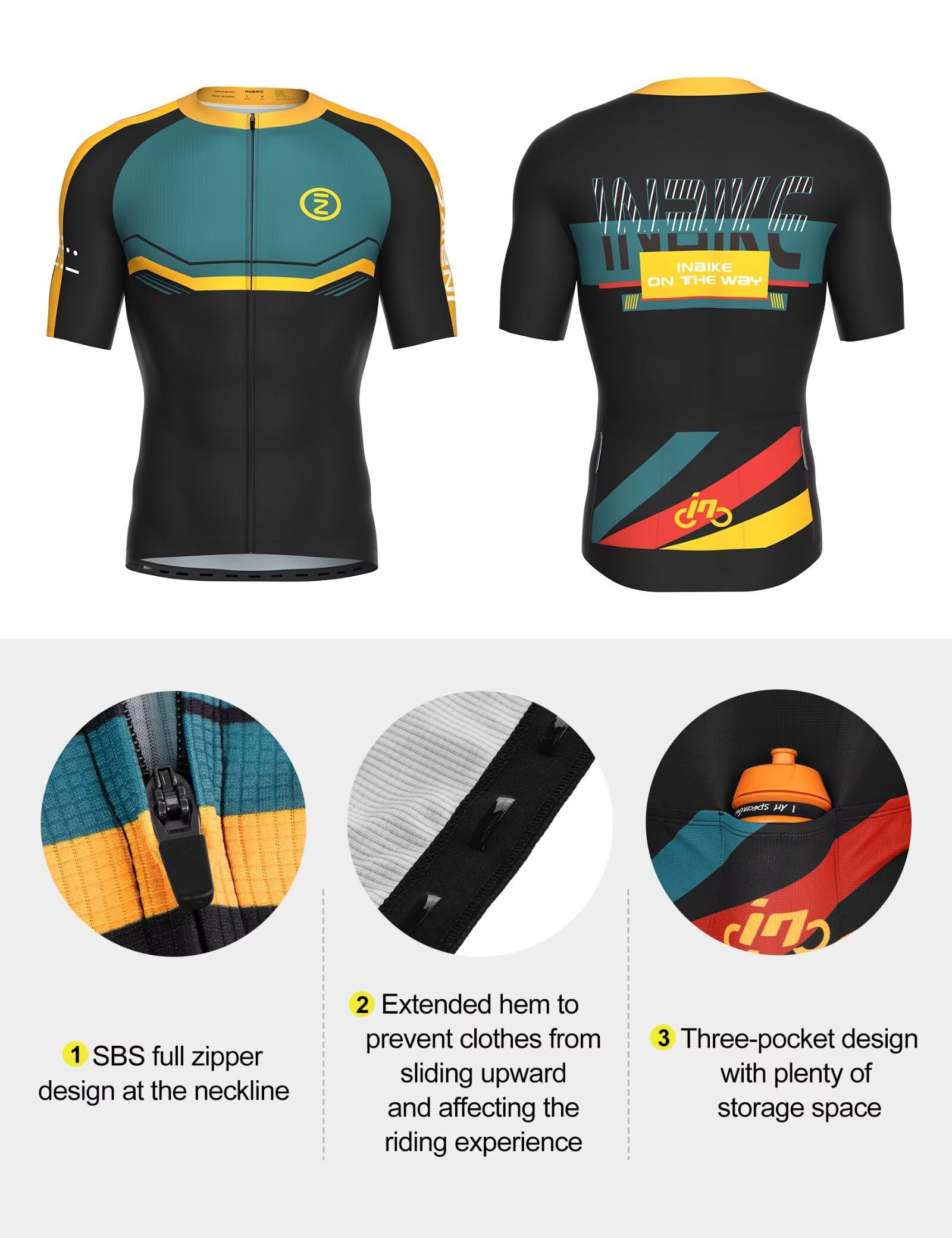 INBIKE Set di abbigliamento da ciclismo da uomo, maglia a maniche corte con 3 tasche posteriori, pantaloni da ciclismo imbottiti 3D traspiranti