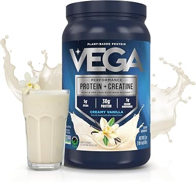 Vega Protein + Creatine 30g Plant Based Protein Powder + 3g Creatine So You Bounce Back Faster Low Carb Plant Protein Powder, Post Workout Vegan Shake Vanilla, 13 Servings, 1.38 lb (Pack of 1)