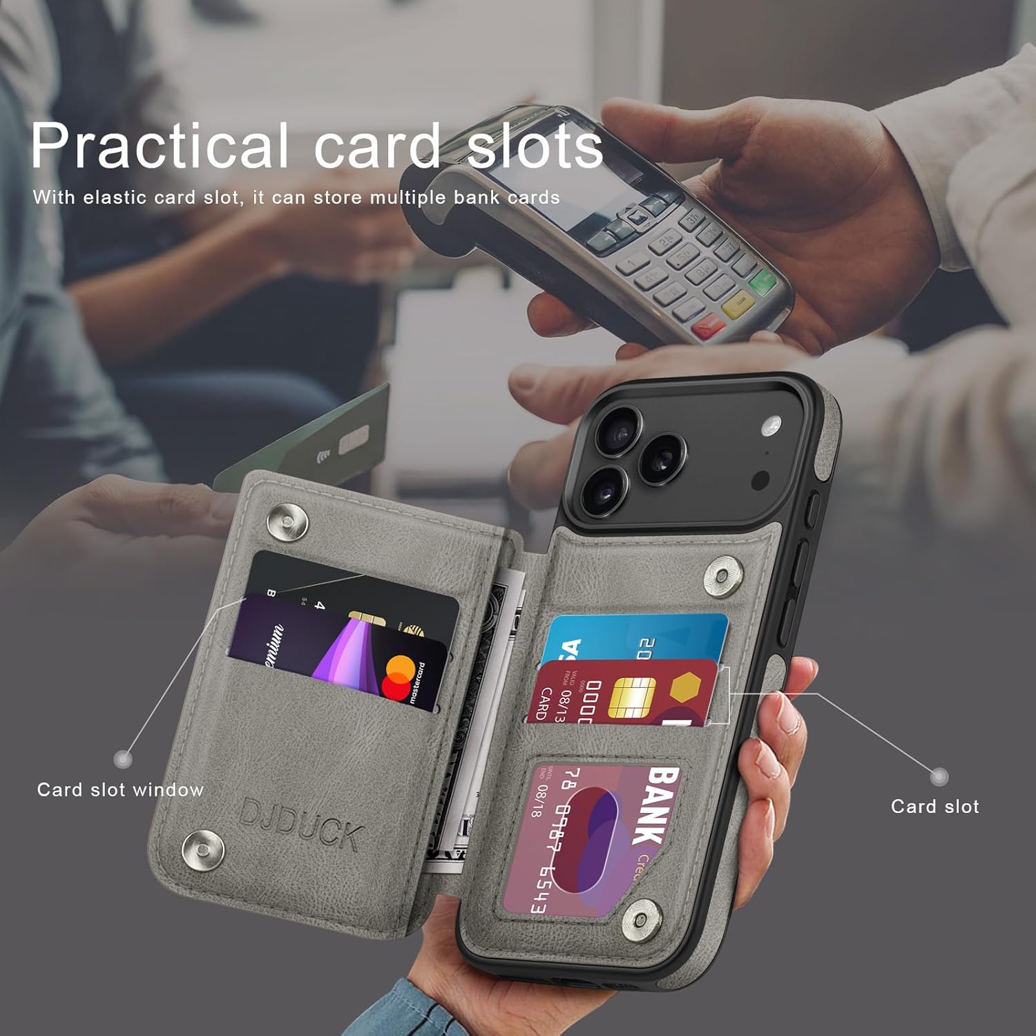 DJDUCK Designed for iPhone 17 Pro Max Case Wallet with Card Holder, [Magnetic Clasp Cover] [RFID Blocking Leather Protection] Shockproof Women Men Cases 6.9 Inch for Apple 17 ProMax Grey - Image 3