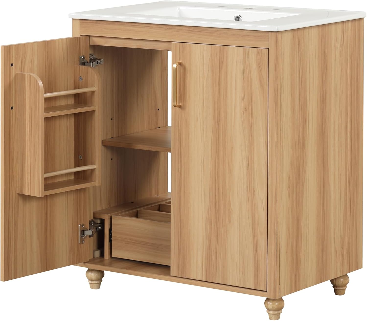 LUMISOL 30" Bathroom Vanity with Sink, Small Single Bathroom Vanity with Drawer and Soft-Close Doors, Storage Racks, Wooden Freestanding Bathroom Cabinet with Ceramic Sink, Natural