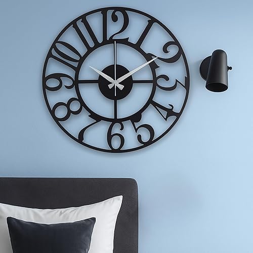 Miniatura 204 de Reloj de pared de metal de 20 pulgadas, redondo, silencioso, moderno, analógico, grande, funciona con pilas, reloj de pared para sala de estar, Negro