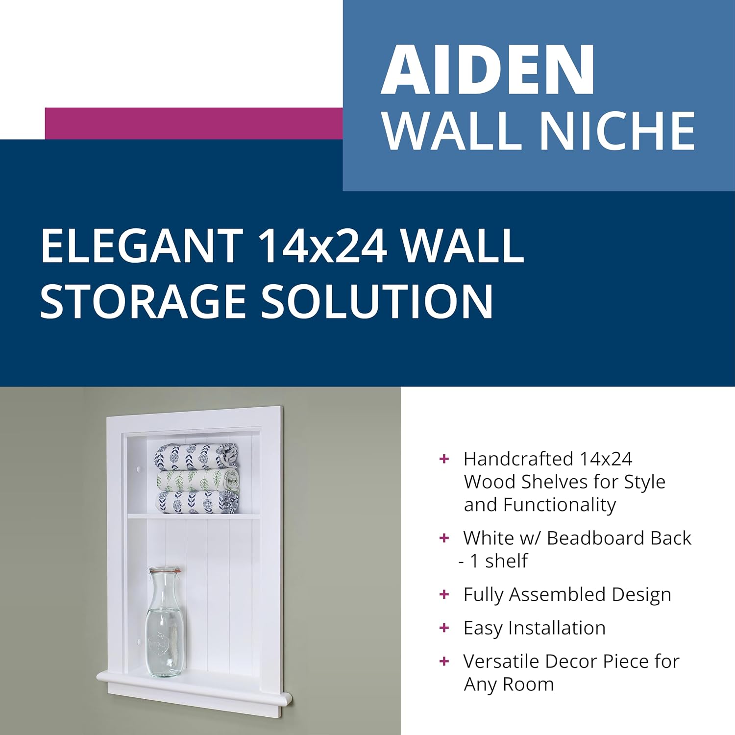14x24 Recessed Aiden Wall Niche - Wall Shelf for Storage and Home Decor, 1 Shelf (White W/Beadboard Back)