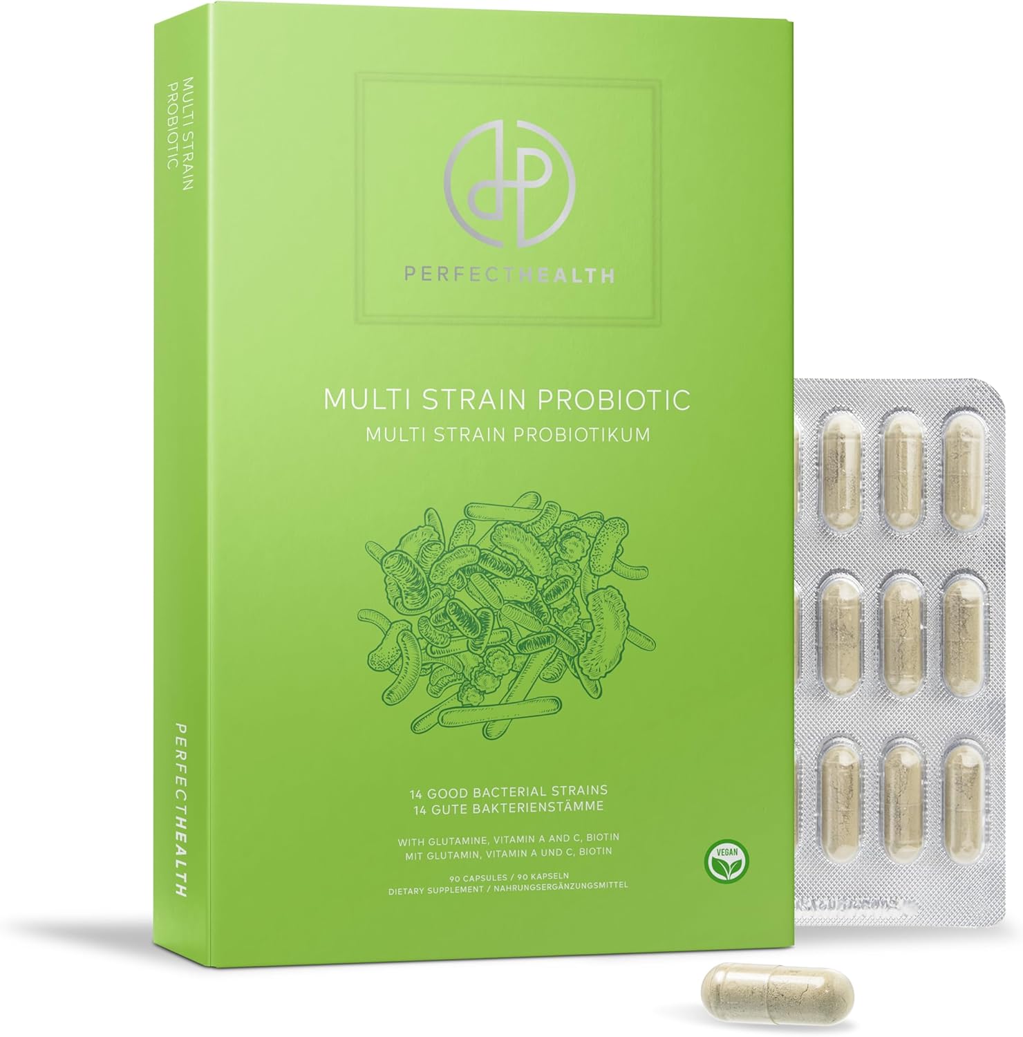 Perfect Health   Multi-Stamm-Probiotikum   14 probiotische St mme   Pr biotika und N hrstoffe f r die Darmw nde   vegane Kapseln 90