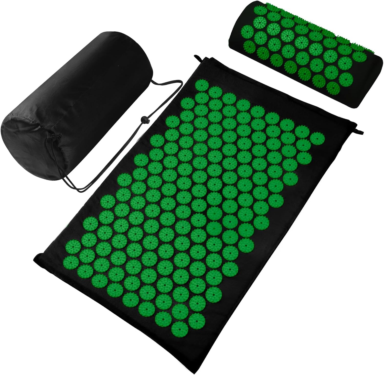 Acupressure Mat Set, Acupuncture Point Massage Pillow, Relieving Neck and Back Pain, Muscle Relaxation and Stress Reduction, Sciatica Relief, Suitable for Men and Women, Carry a Handbag, Black Green