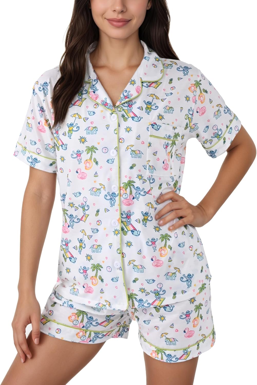 Women’s Pajamas Set Button Down Ladies Summer Pajamas Monkey Printed Sleepwear Short Sleeve 2 Pc Pjs for Birthday Gift