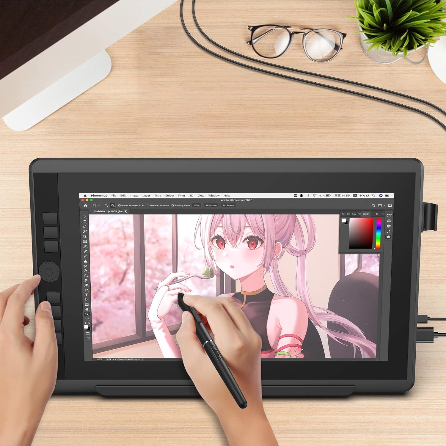 User drawing on VEIKK VK1560 Pro screen with stylus