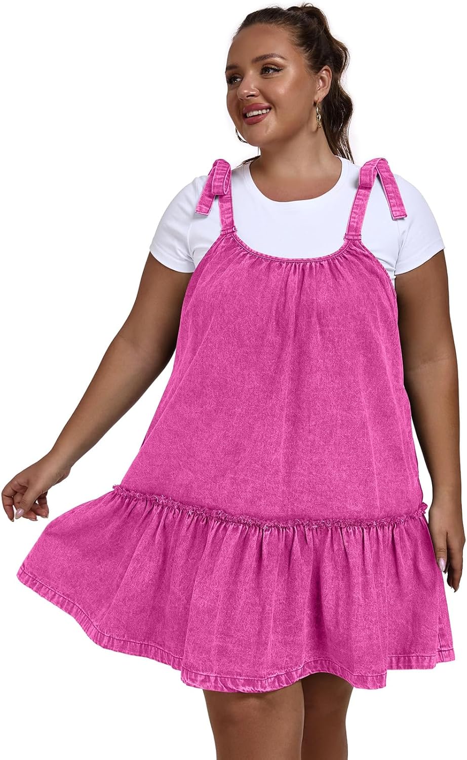 Women Denim Cami Dress Tie Shoulder Ruffle Hem Short Dresses Babydoll Wash Jean Sundress with Pocket - Image 2