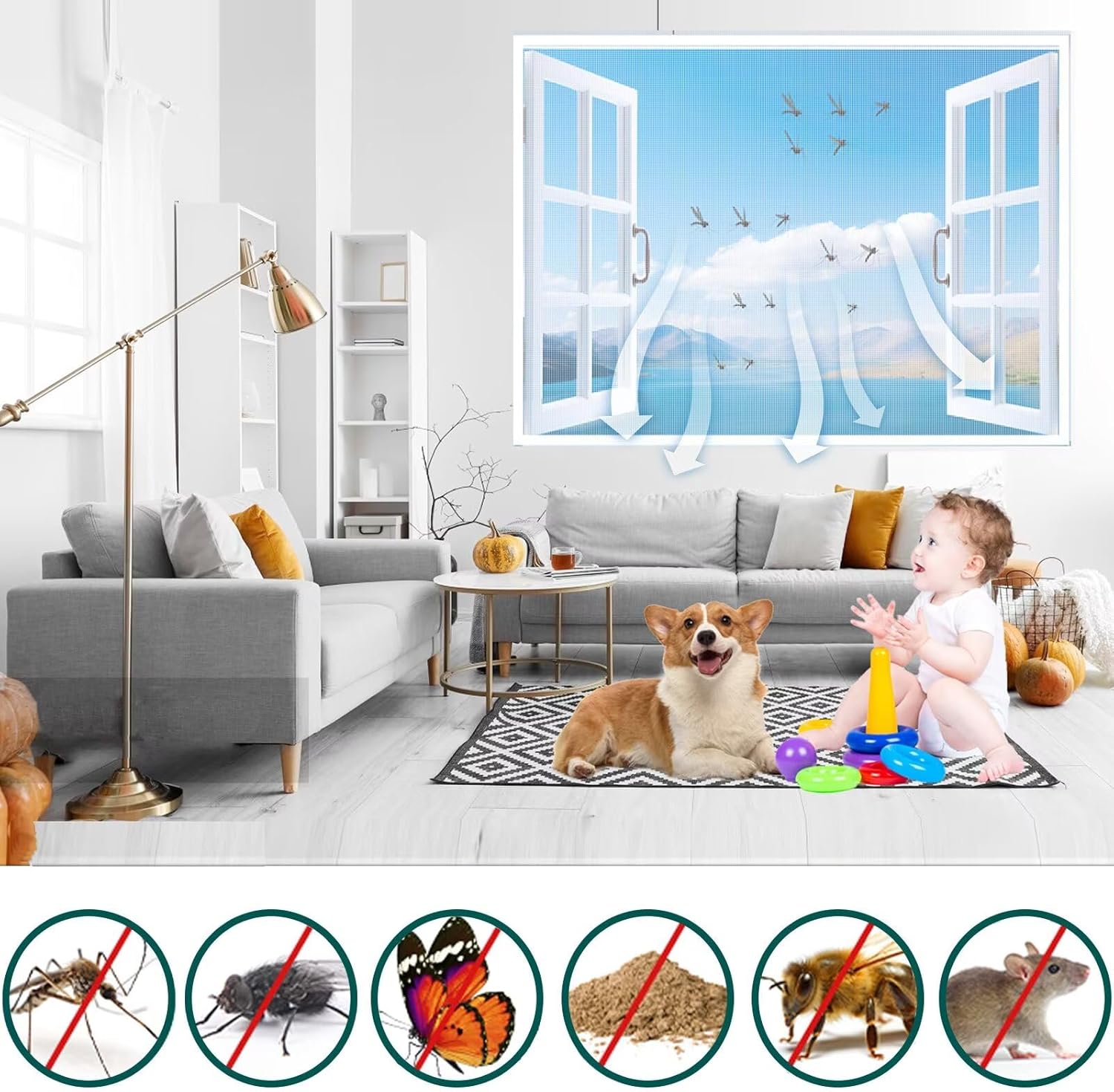 130x140cm Removable Window Screen Net White DIY Self Adhesive Fiberglass Mesh,No Drilling Easy Install,Washable and Reusable