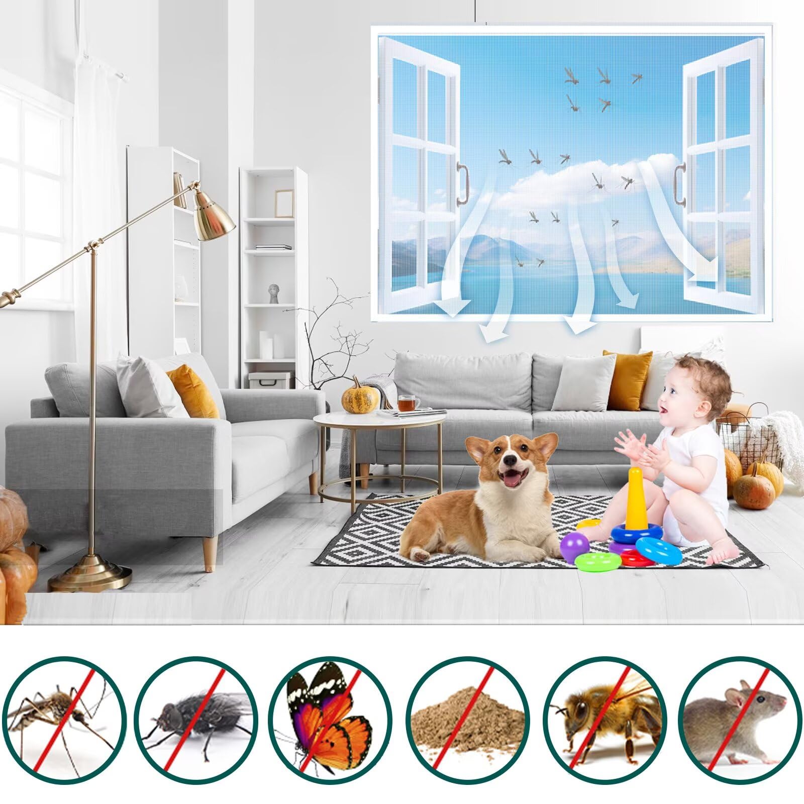 Fliegengitter Fenster,Weiß W195 x H200cm Gute Lichtdurchlässigkeit Insektenschutz mit Starkem Klettband,Kinderleichte Montage