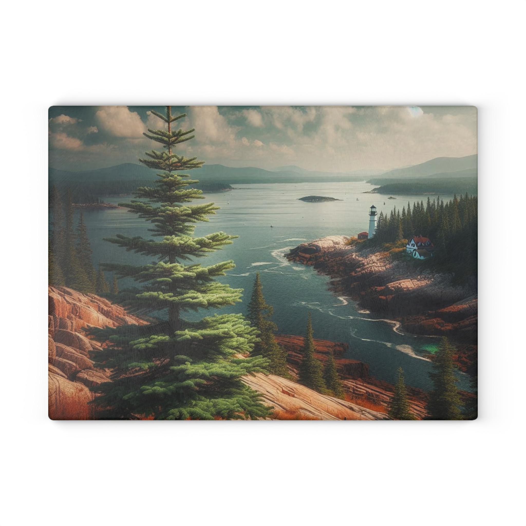 Premium Glass Cutting Board – Pine Tree, Maine – Forested Landscapes, Coastal Lighthouses, Moose, White Pine