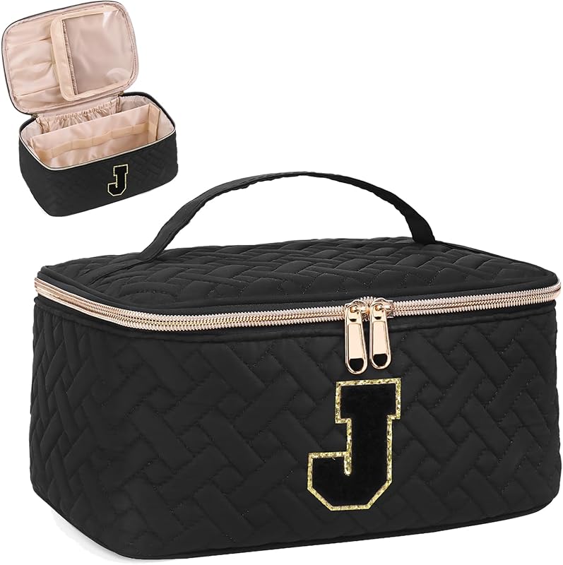 Necessaire de maquiagem acolchoada JRQCSJY com letra J, zíper e alça