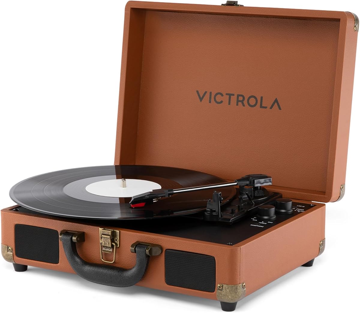 Journey II - Bluetooth Suitcase Record Player - Brown | Built-in stereo speakers, 3-speed turntable plays 7", 10" and 12" records, Bluetooth in and out, headphone jack