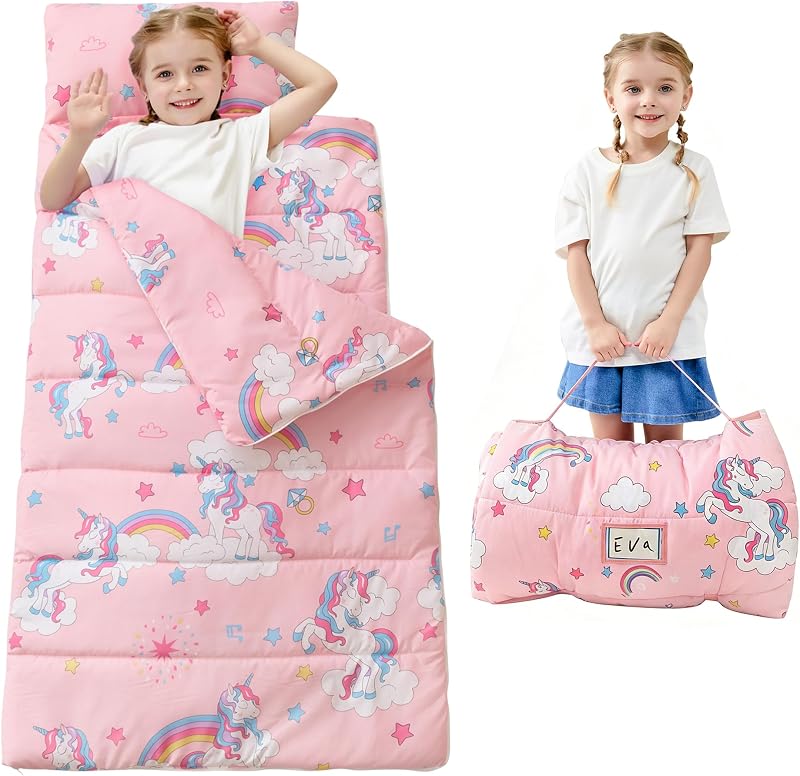 Toddler Nap Mat for Preschool 50''x30'' Sleeping Mat with Removable Pillow and Minky Blanket for Kids Ages 3-7 Roll Up Soft Sleeping Bag for Boys Girls Kindergarten Daycare Sleepover