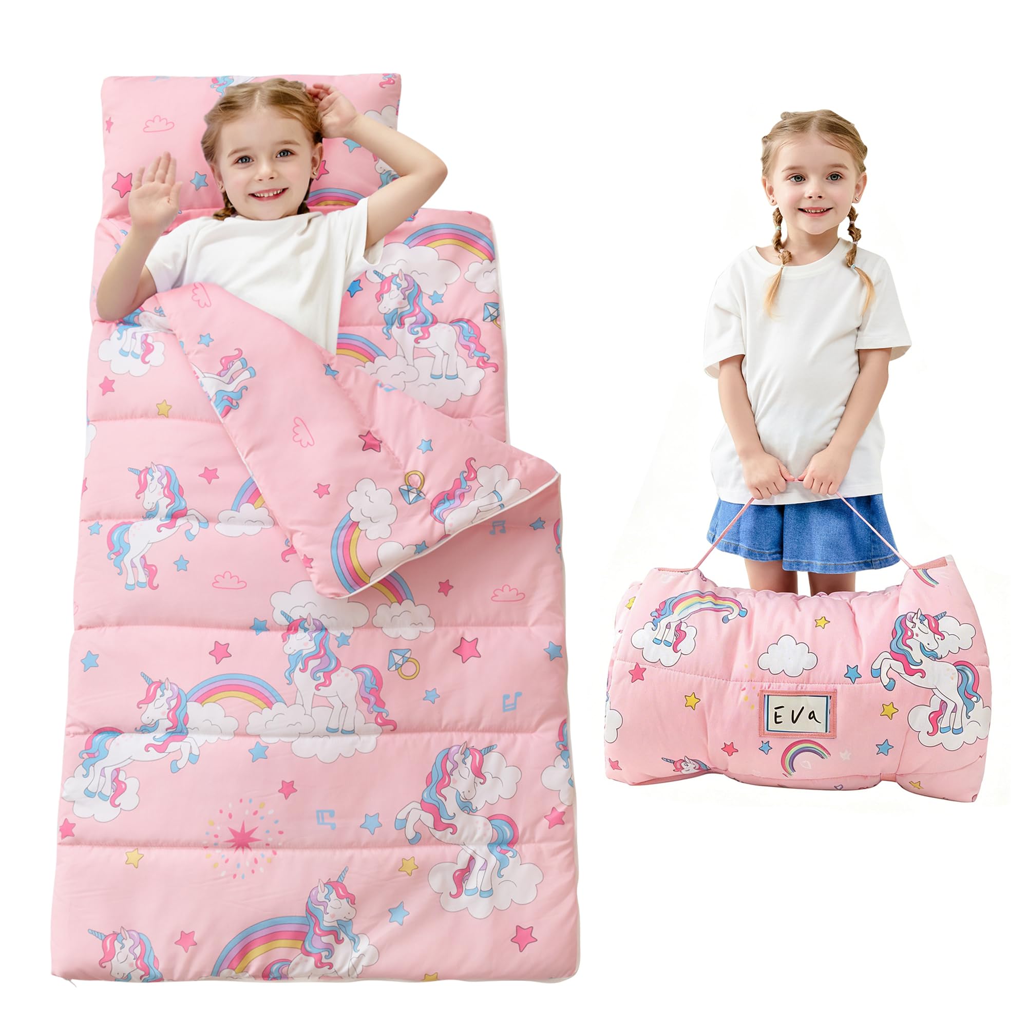 Toddler Nap Mat for Preschool 50''x30'' Sleeping Mat with Removable Pillow and Minky Blanket for Kids Ages 3-7 Roll Up Soft Sleeping Bag for Boys Girls Kindergarten Daycare Sleepover