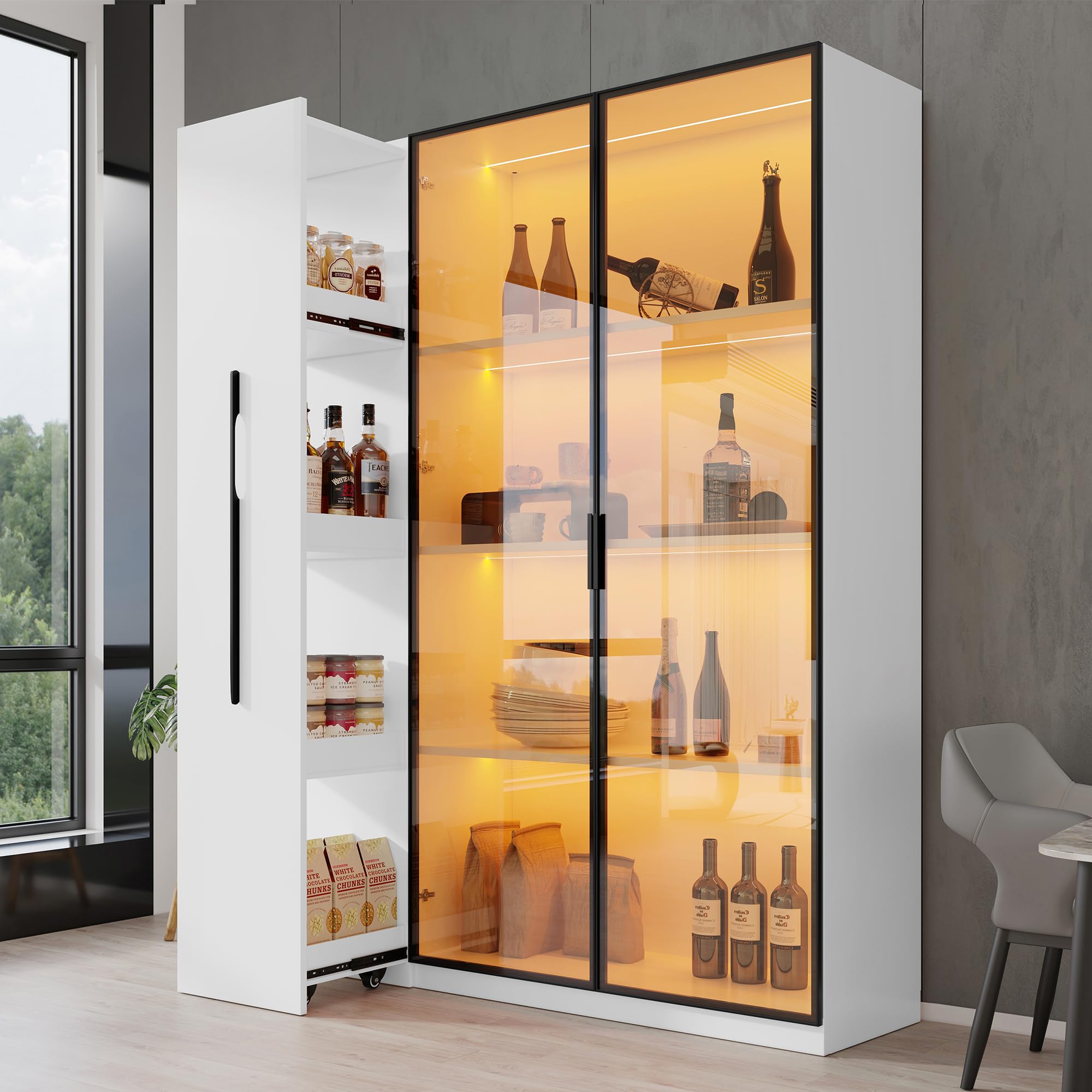 Merax Vitrina de 110,5 × 35 × 160 cm, armario multifunción con puerta de cristal e iluminación LED, cajón lateral con espacio de almacenamiento, armario alto de estilo francés, adecuado como
