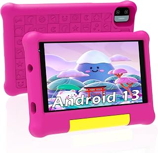 7 inch Android 13 Kids Tablet with Convertible Shockproof Case-Stand, 2GB RAM, 32GB ROM, 2MP Camera, 3000mAh Battery (Pink)