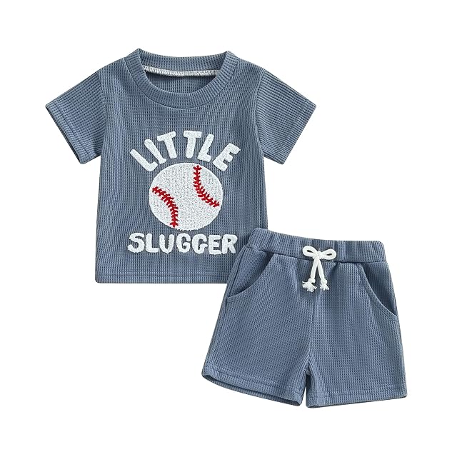 NZNDSHD Summer Baby Boy Clothes Short Sleeve Little Dude Mamas Boy Embroidered T-Shirt Tops Shorts Set Waffle Knit