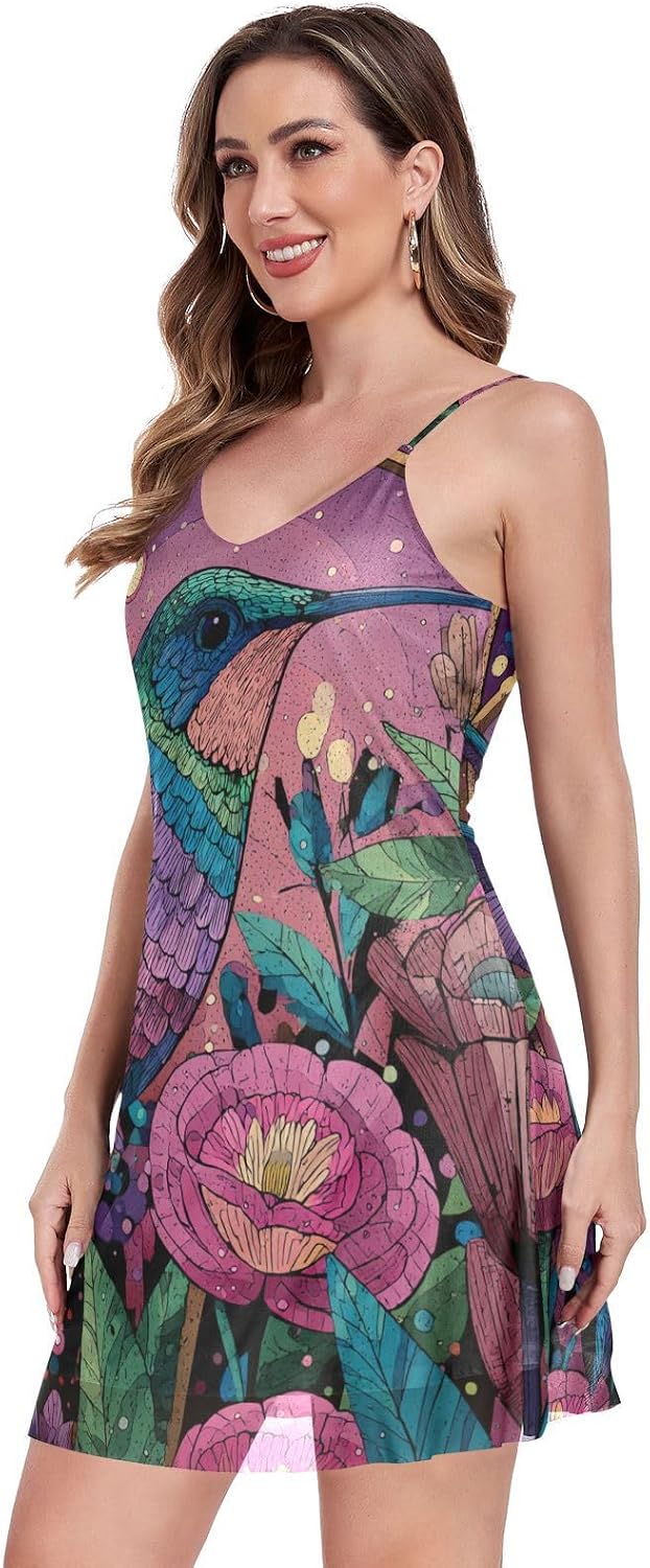 Summer Dress for Women Sexy Sleeveless Adjustable Spaghettis Straps V Neck Mesh Lovely Hummingbird Wonderland image 2