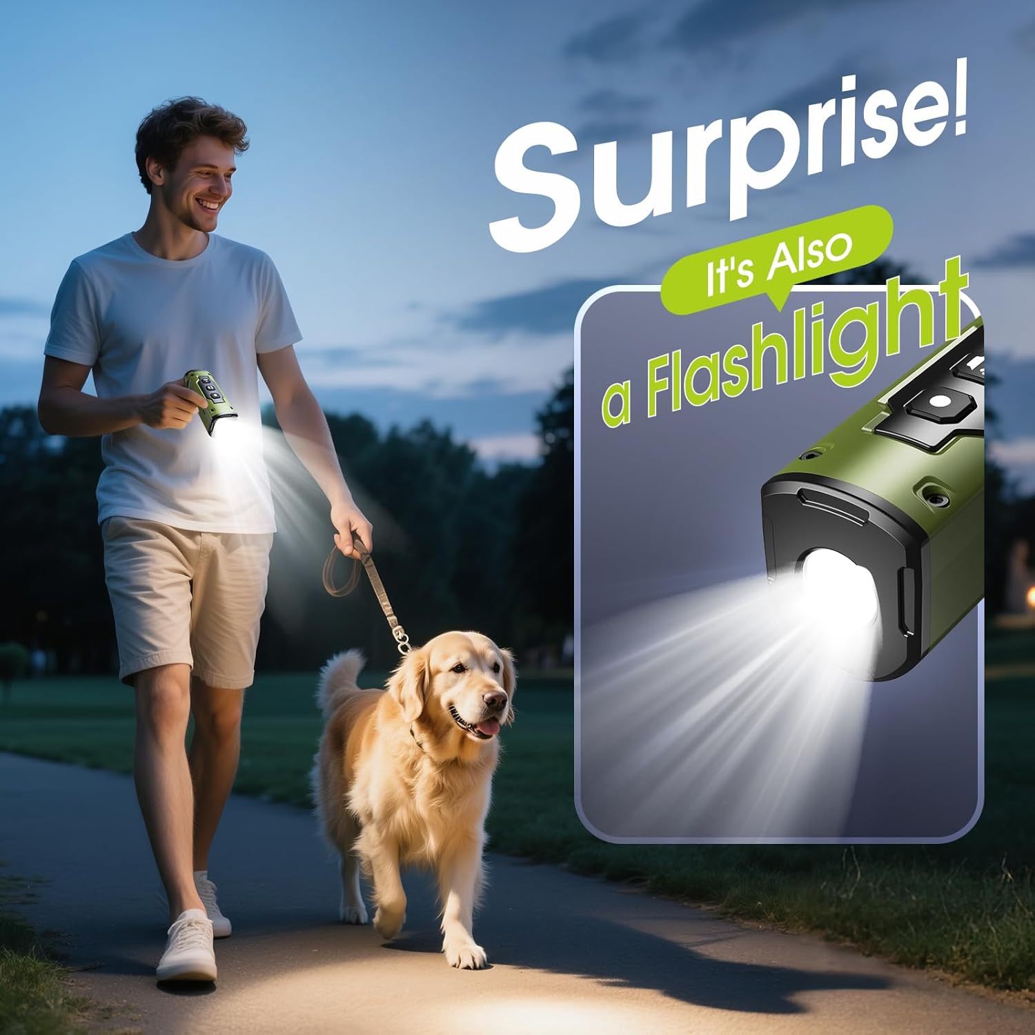 1-Touch Dog Bark Deterrent Devices with 3 Sonic Heads,Portable 50ft Range Anti Barking Device for Dogs,Rechargeable & Safe Dog Training Tool with Flashlight,Helps Improve Dog's Behavior Green