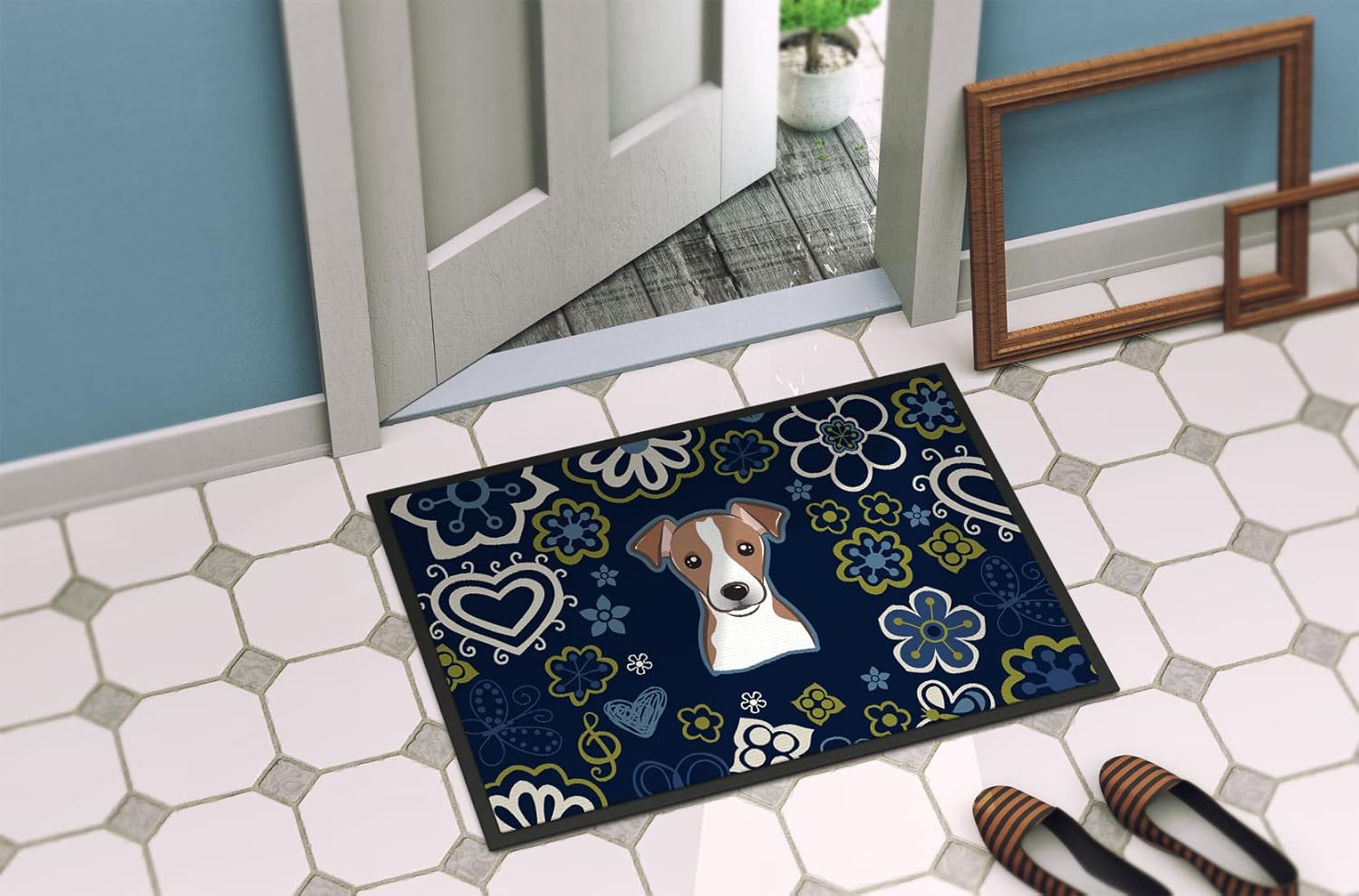 Caroline's Treasures BB5111MAT Blue Flowers Jack Russell Terrier Doormat 18x27 Front Door Mat Indoor Outdoor Rugs for Entryway, Non Slip Washable Low Pile, 18H X 27W