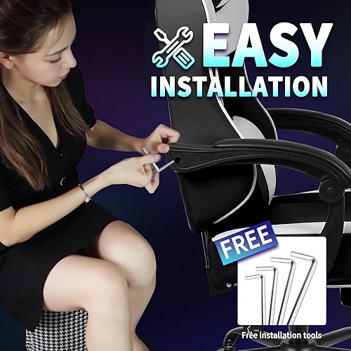 Miniatura 6 de Silla de juegos de piel sintética, silla de oficina ergonómica con reposapiés y soporte lumbar, cómodas sillas de computadora de respaldo alto para