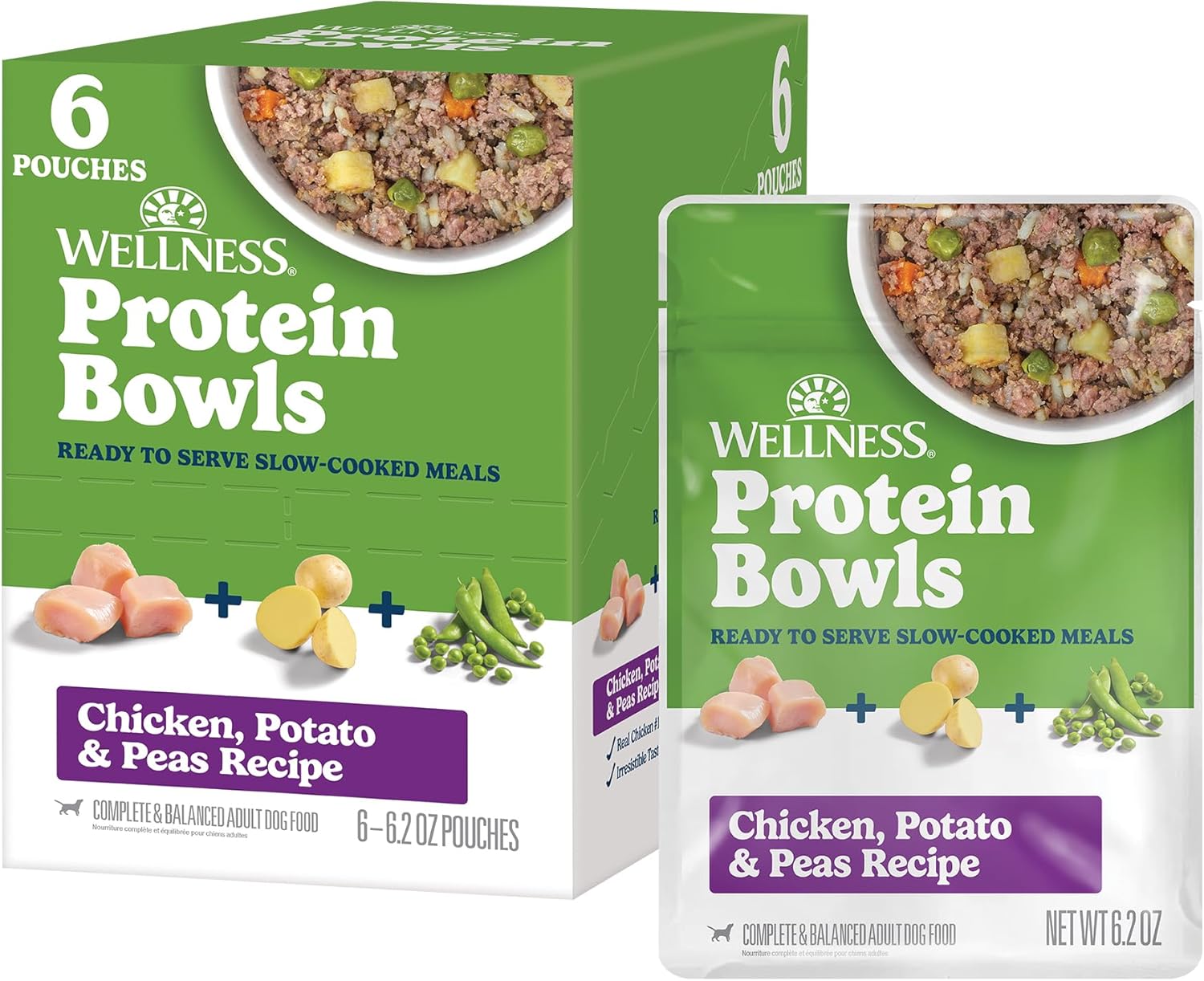 Wellness Protein Bowls Adult Wet Dog Food, Fresh Alternative, Wholesome Grains, Natural, Chicken, Potato, and Peas Recipe, 6.2 oz, Pack of 6 Pouches