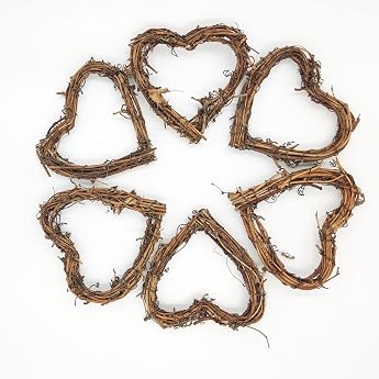 Pack of 6 Rattan Heart Wreath Heart-Shaped Wreath Handmade Wreath Heart Rattan Pendant for Photo Wall Display Decor DIY Decoration Hanging Wall Decoration Frame Brown Decoration