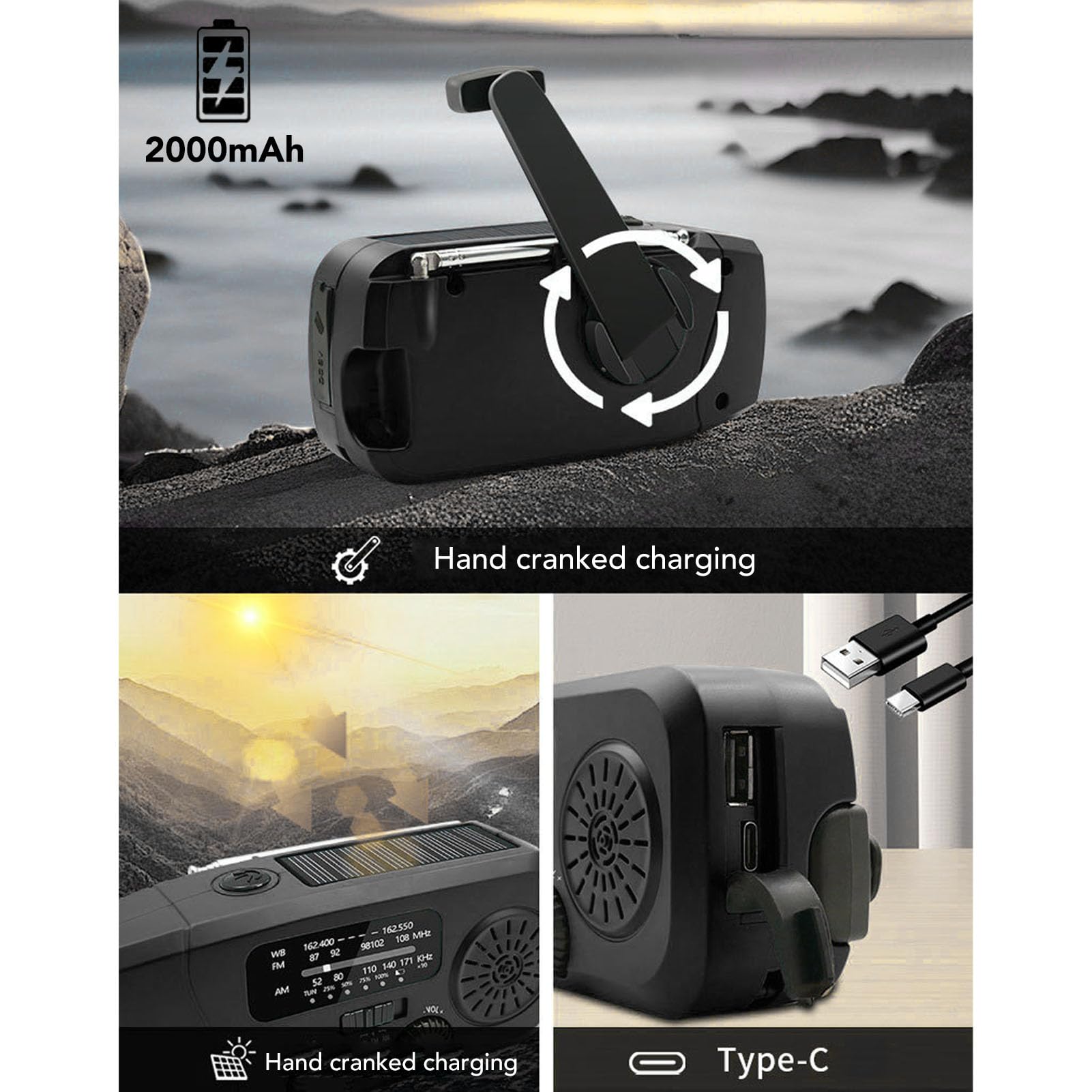 Radio de CigüeñAl de Mano Solar de 2000 MAh Am FM WB Radio de Alerta Meteorológica de Emergencia con 3 Métodos de Carga, IPX3, Luz LED para Acampar de Senderismo Al Aire Libre