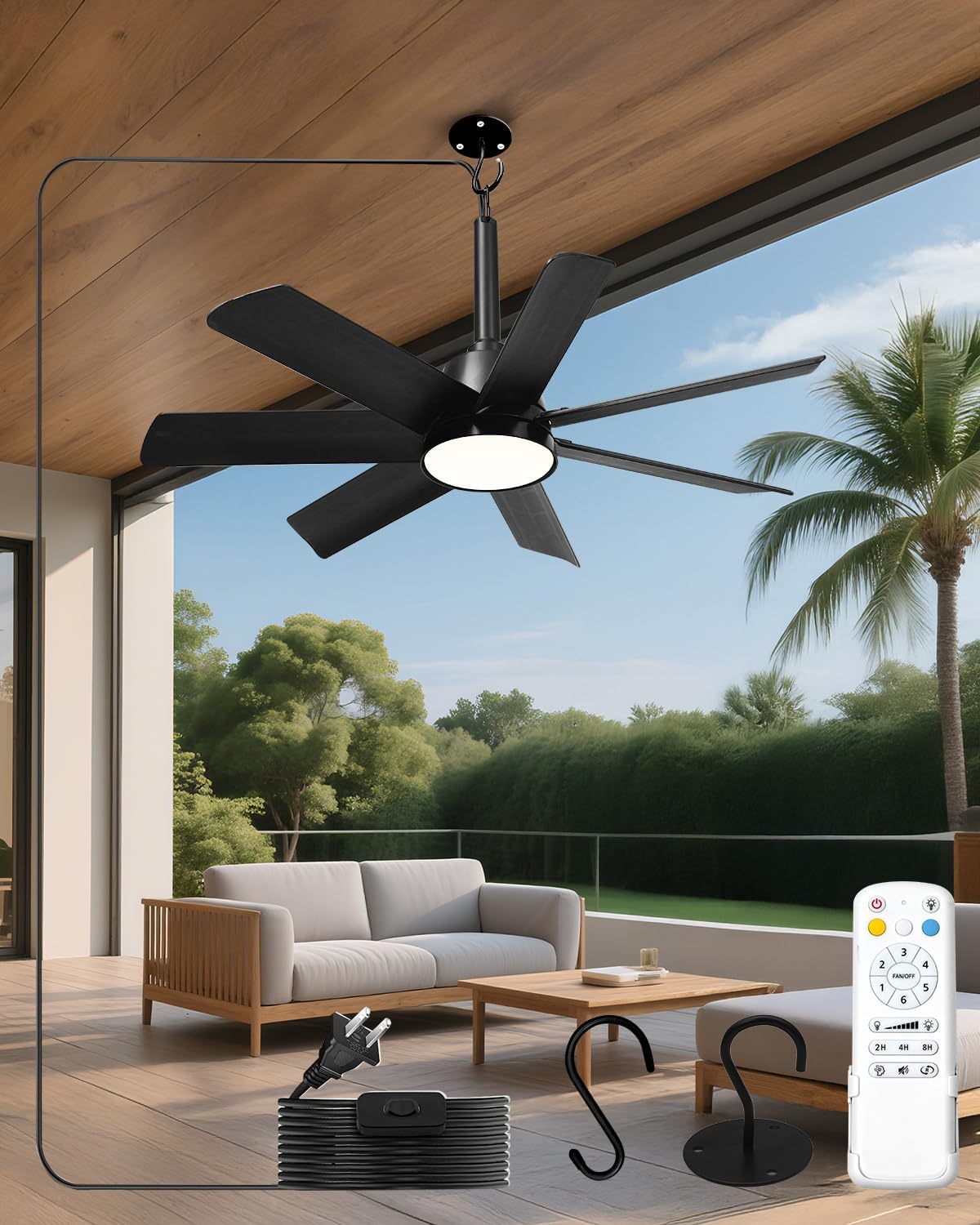 28 Inch Plug-In Outdoor Ceiling Fan with Lights and Remote, LED Gazebo Hanging Fan with Hook, 3CCT 3000K-6500K Dimmable Gazebo Fan, 6-Speed Quiet Ceiling Fan with Timer for Patio, Porch, Garage, Black