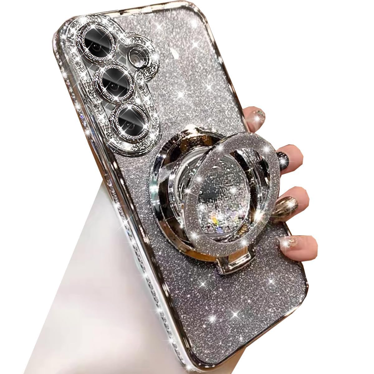 Changjia for Samsung Galaxy S25 Glitter Kickstand Case,Luxury Bling Sparkly Diamond Rhinestones with Camera Lens Protector Liquid Flowing Ring Stand