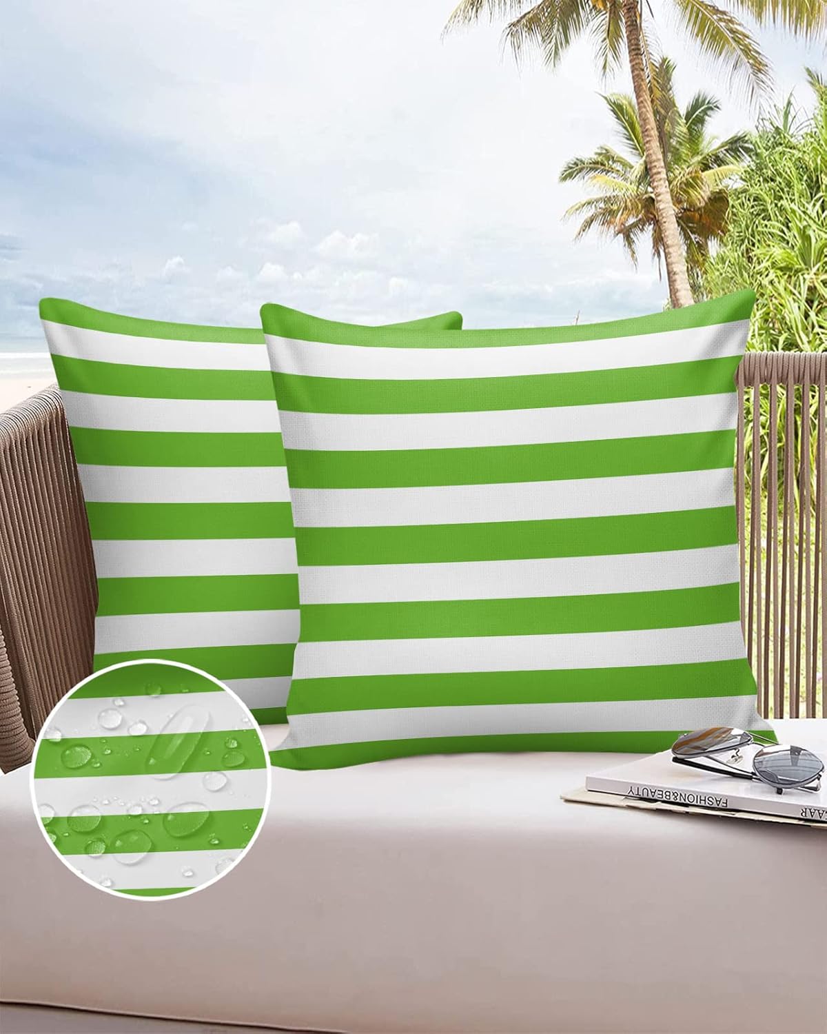 ALAGEO Outdoor Waterproof Pillow Covers for Patio Furniture Green and White Stripes Decorative Throw Pillow Cover Solid Striped Pillowcases Set of 2 Cushion Case for Sofa Couch Chair 26 x 26 in