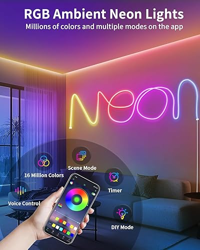 Miniatura 2 de Kimdelee Tira de luces de neón de 33 pies, RGB IP68, impermeable, flexible, luces de neón con control remoto de aplicación para pared, dormitorio,
