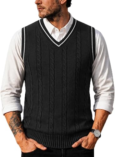 COOFANDY Mens Sweater Vest V Neck Casual Sleeveless Cable Knit Pullover