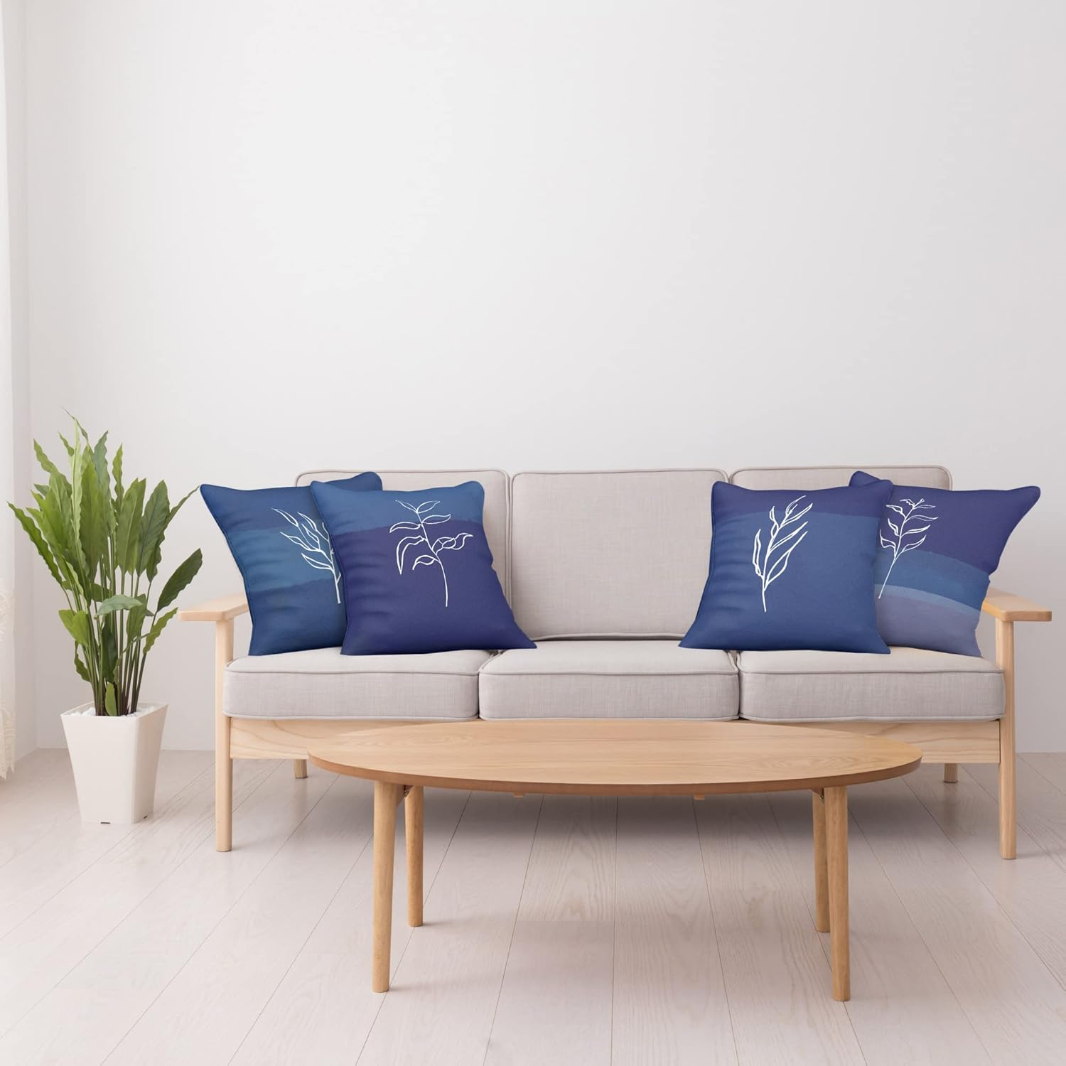 Ambesonne Leaves Throw Pillow Cushion Case Pack of 4, Line Art Branches Leaf Print Monochrome Bold Striped Color Change Backdrop, Modern Accent Double-Sided Printing, 20" x 12", Blue Violet Indigo