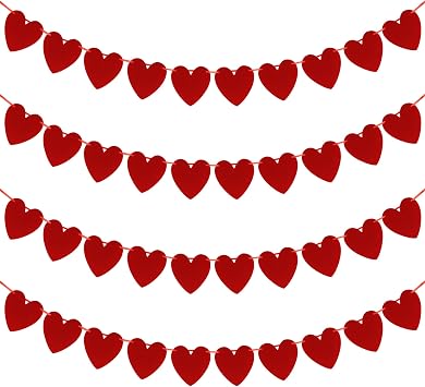 4PACK Valentines Garland, 40PCS Red Heart Decoration, Felt Banner, Pre-Assembled Adjustable Heart Garland for Valentines Day, Birthday, Wedding