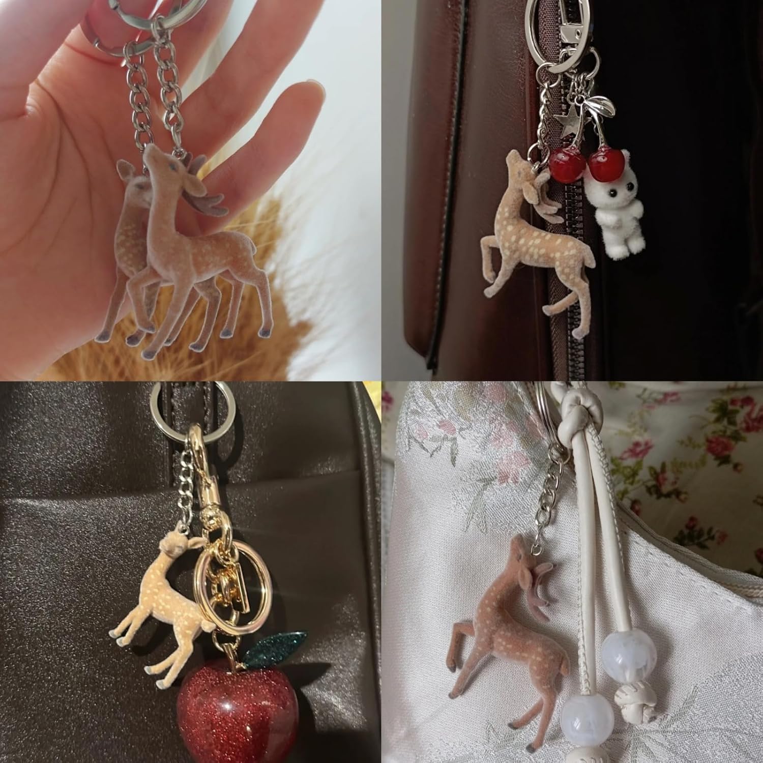 2Pcs Brown Deer Print Keychains Whimsy Twee Christmas Fuzzy Animal Print Key Ring for Women Men 2000s Accessories