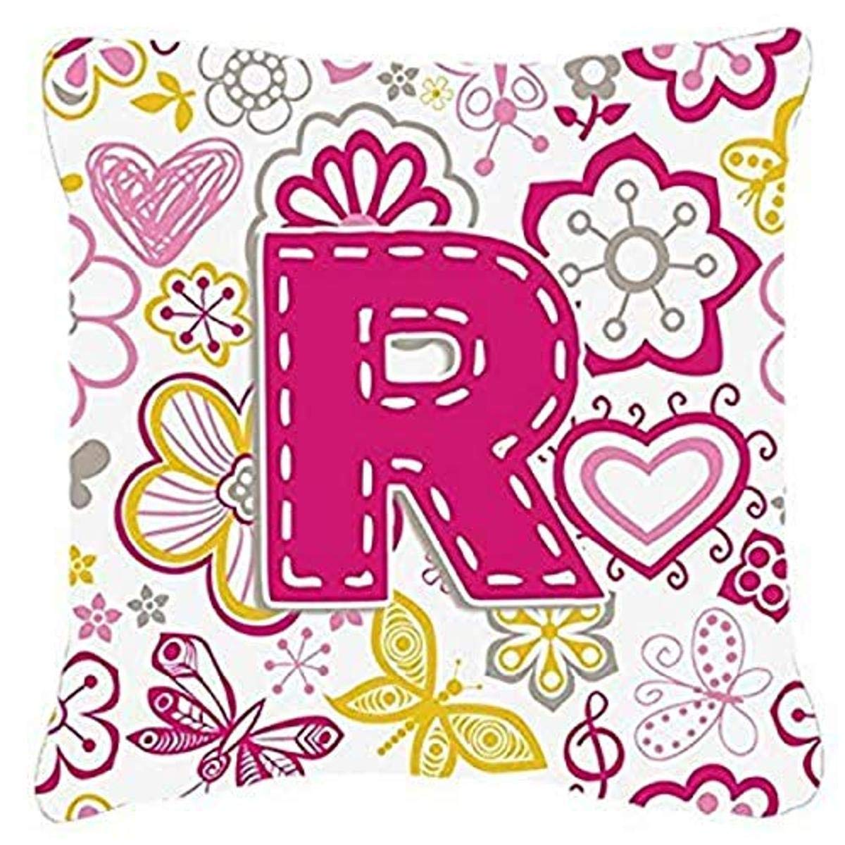 Coussin de tissu lettre R rose fleurs et papillons pour un cadeau personnalisé