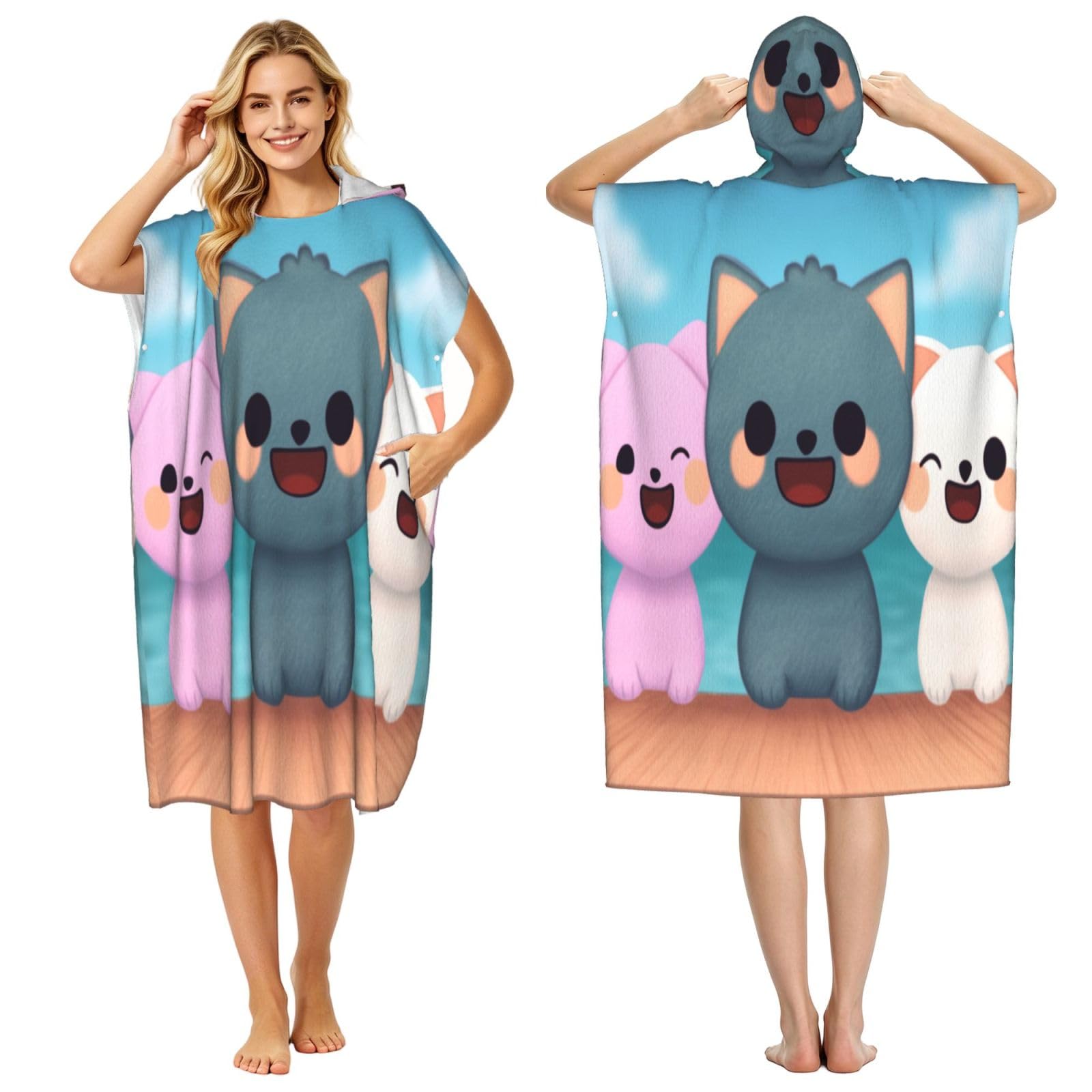 DTHKJNLSF Happy Cat Adult Hooded Beach Poncho Towel