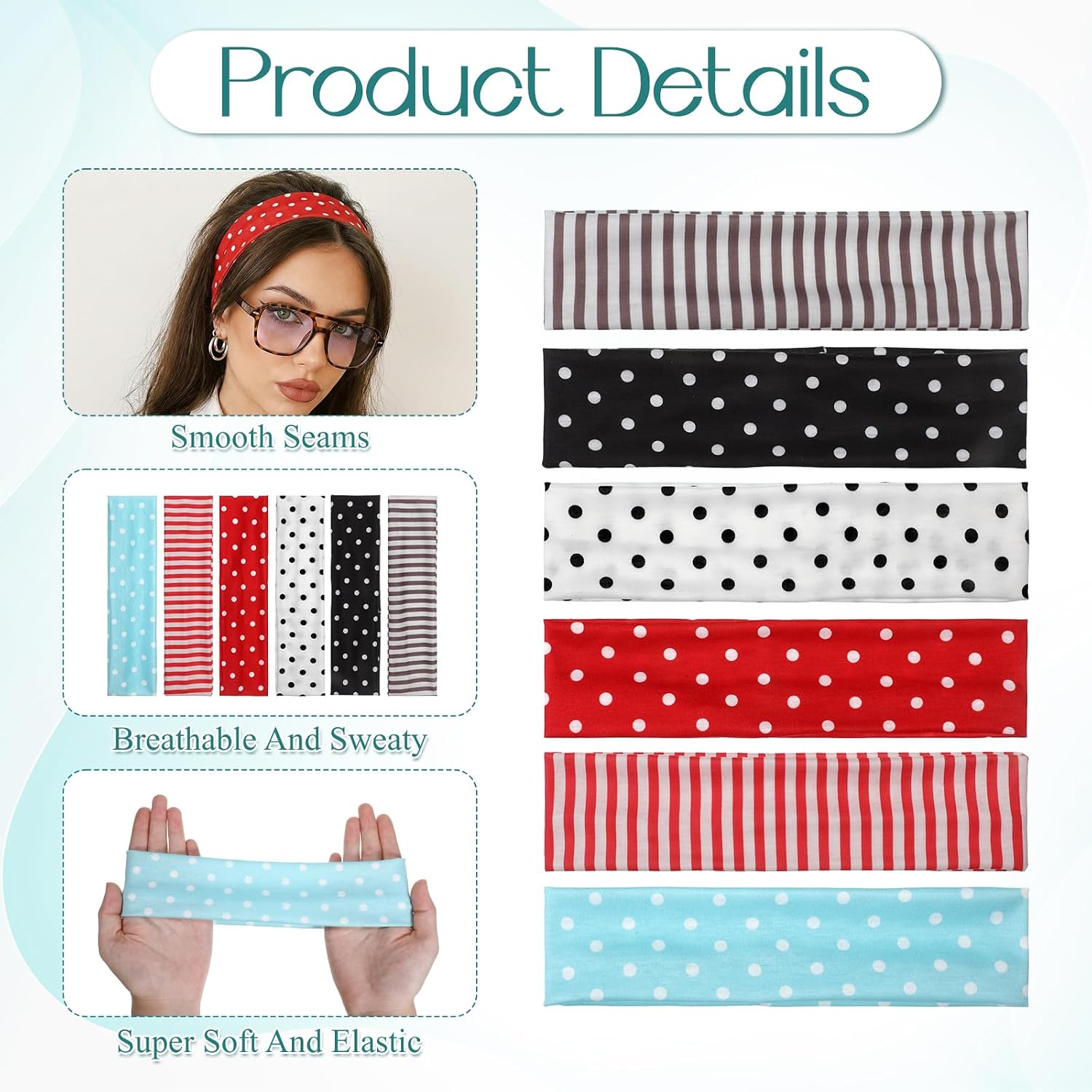 Headbands for Women 6 Pack Wide Elastic Head Bands Polka Dot Non Slip Hairbands Soft Cotton Fabric Sports Hair Bands Cute Sports Hairbands Boho Vintage Fashion Hair Accessories for Beach Vacation image 3
