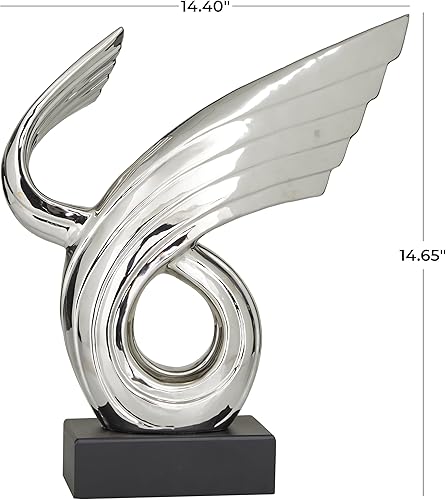 Miniatura 6 de Deco 79 Escultura de ala abstracta de porcelana con base negra, 14 "x 5" x 15 ", plata